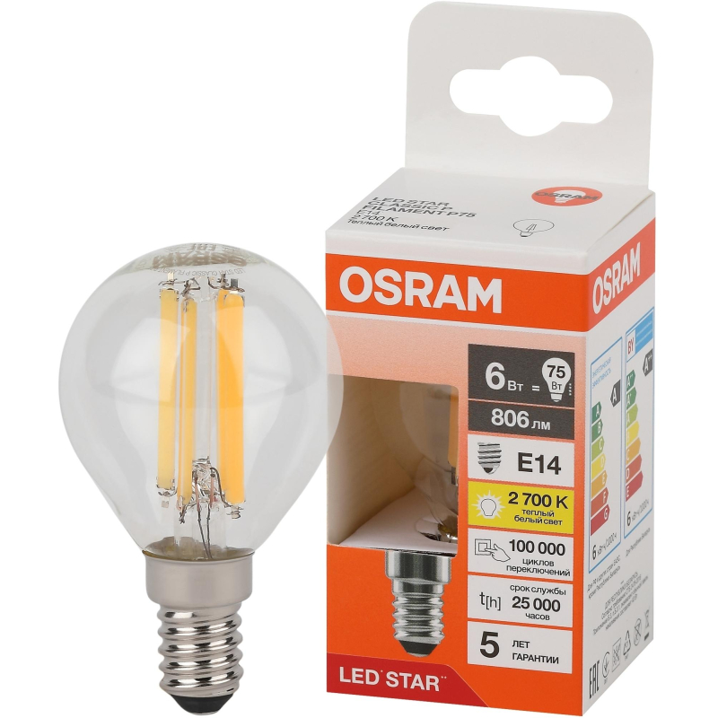 Лампа светодиодная OSRAMLSCLP75 6W/827 230VFILCL E14 FS1 - фото 2