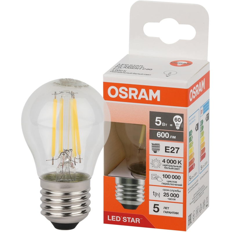 Лампа светодиодная OSRAM LSCLP60 5W/840 230VFILCL E27 FS1 - фото 2