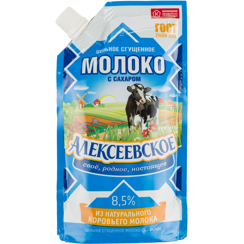 Молоко сгущенное Алексеевское цельное с сахаром 8,5% дой-пак 270г - фото 1