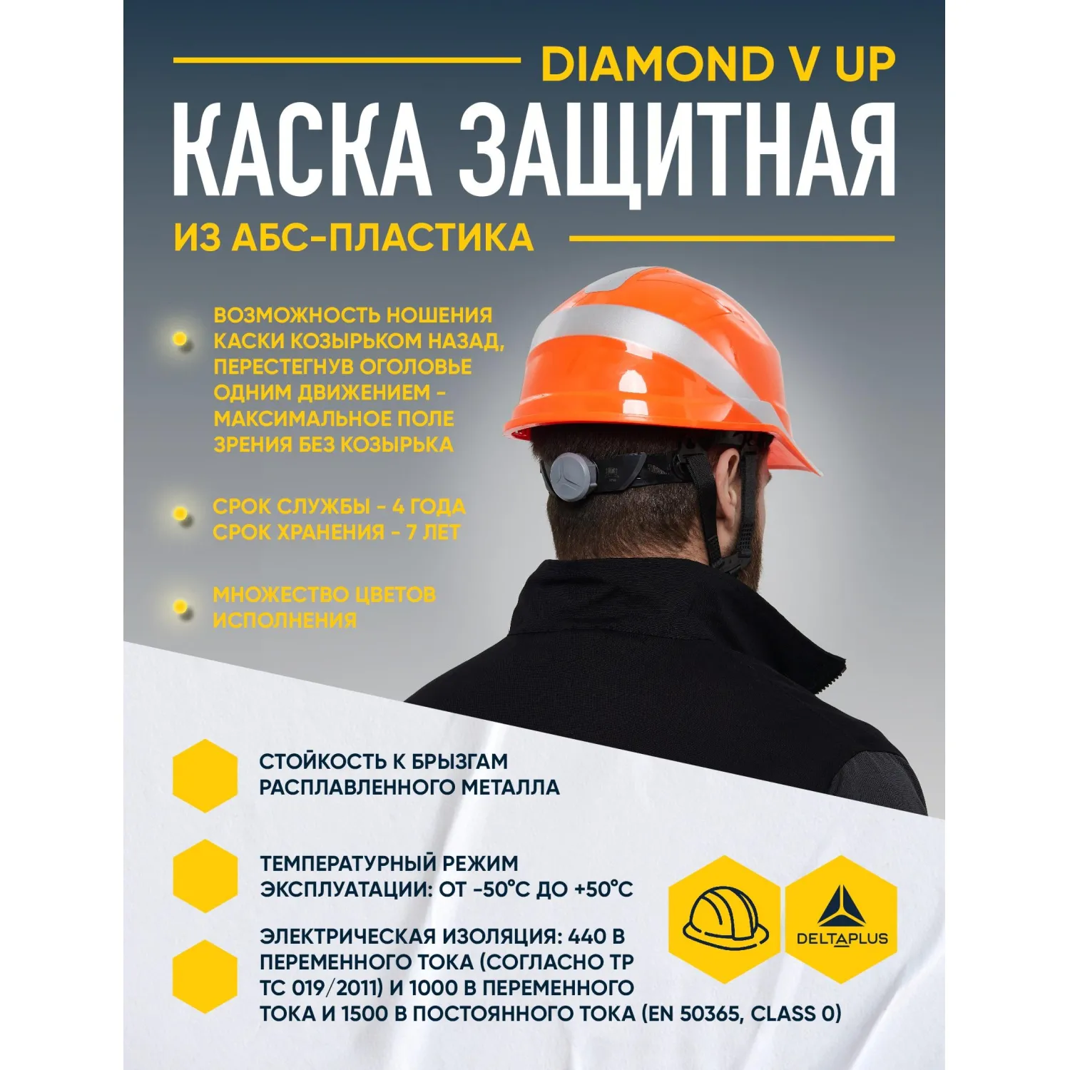 Каска защитная DELTA PLUS BASEBALL DIAMOND V UP, оранжевая (DIAM5UPORFL) - фото 3