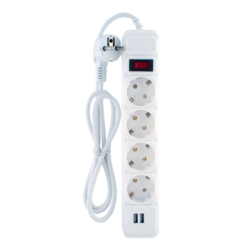 Сетевой фильтр СТАРТ С/УД-Ф SP 4x1 2USB ZVT 4р/1,5м 10А/2200Вт белый - фото 1