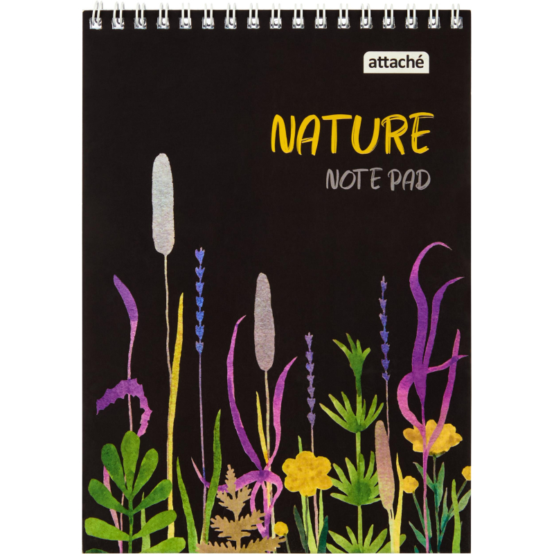 Блокнот А5 60л Attache Nature Black flowers клет,65г,100%,греб,карт,ВД-лак - фото 1