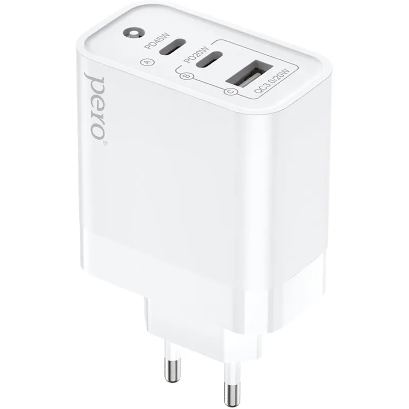 Зарядное устройство сетевое PERO TC17 USB-A QC 3.0 + 2х USB-C PD, 65W белый - фото 1
