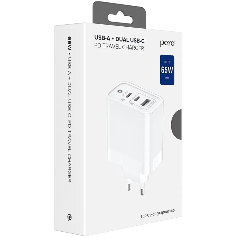 Зарядное устройство сетевое PERO TC17 USB-A QC 3.0 + 2х USB-C PD, 65W белый - фото 5