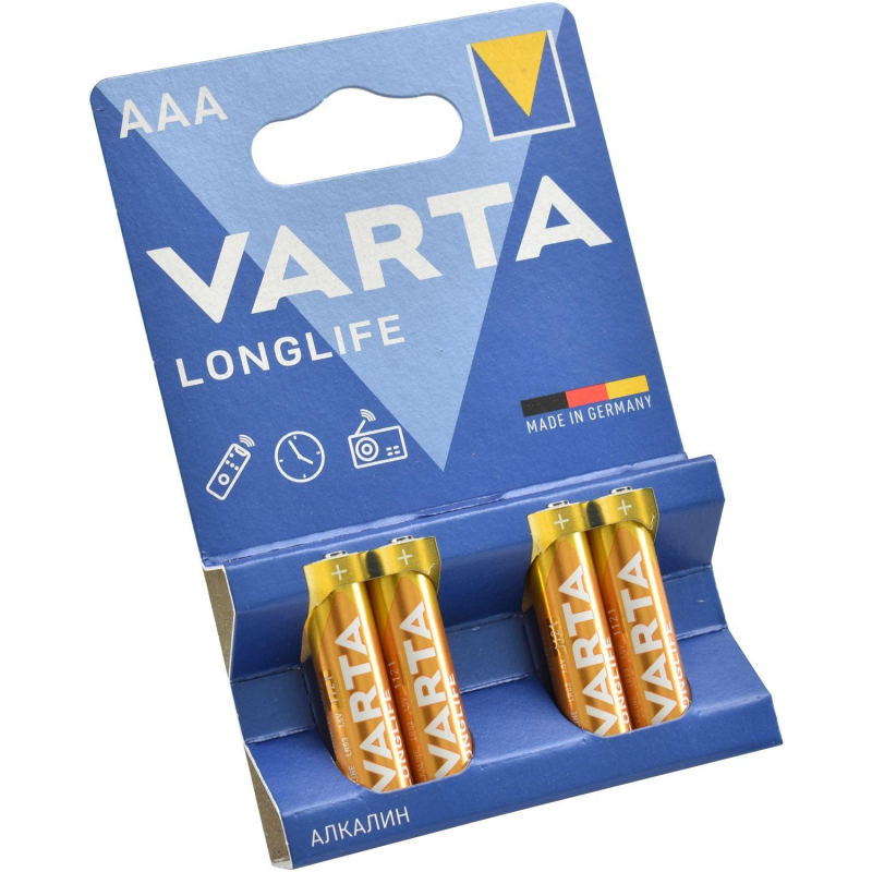 Батарейка Varta LONGLIFE LR03 AAA 4шт/бл Alkaline 1.5V (4103) (04103101414) - фото 1