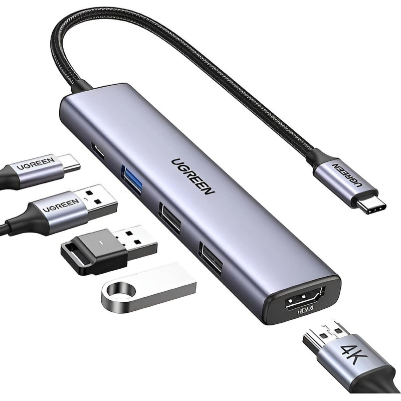 Разветвитель USB UGREEN CM478 (15495) USB-C To HDMI+USB3.0+USB2.0+PD,серебр - фото 2