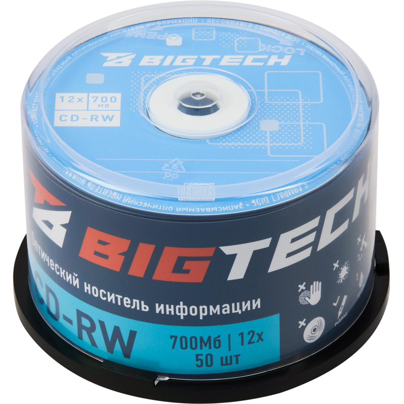 Носители информации Bigtech YCDRWB001 CD-RW/700 МБ/12x/50шт/уп cake box - фото 1