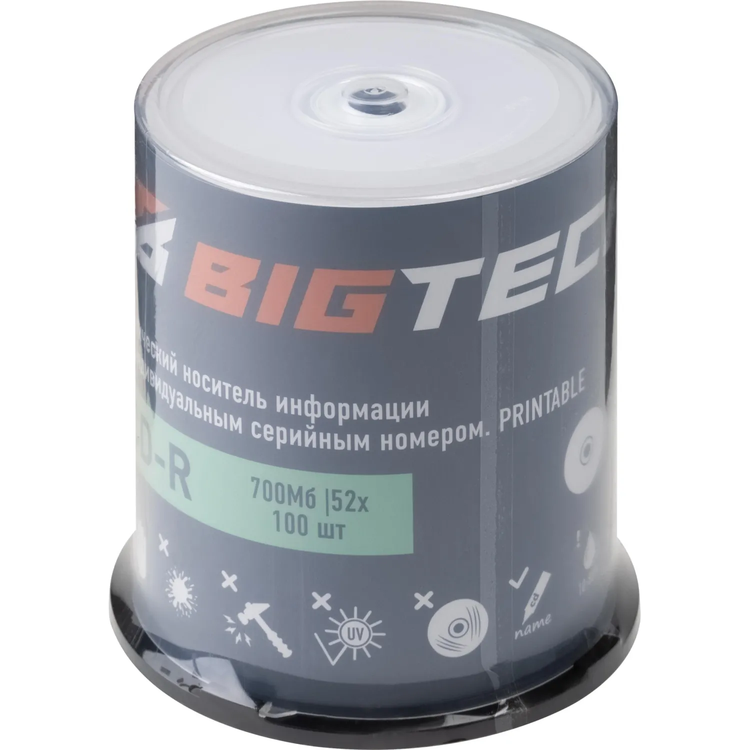 Носители информации Bigtech YCDRP001,Printable,CD-R 700МБ 52x 100шт/уп бокс - фото 1