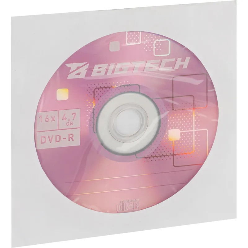 Носители информации Bigtech YDVDRB005 DVD-R 4,7 Гб/16x/1шт конверт белый - фото 1