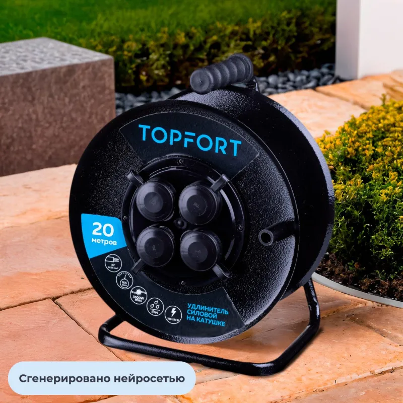 Удлинитель Topfort метал. КГ 2x2,5 кв.мм 20м 16А 4 гнезда б/з.,с/загл.,IP44 - фото 5