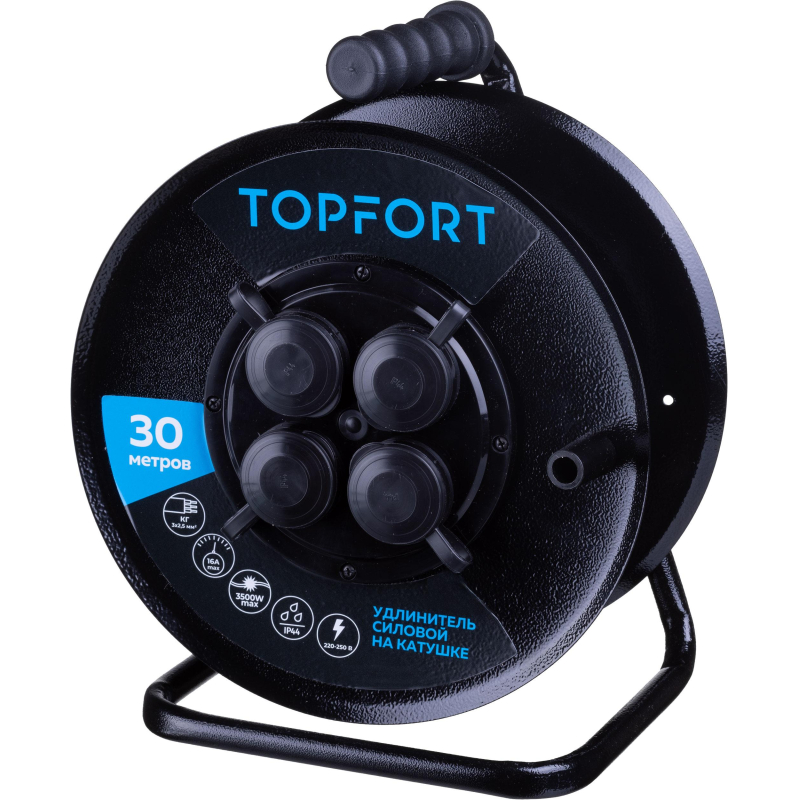 Удлинитель Topfort метал. КГ 3x2,5 кв.мм 30м 16А 4 гнезда с/з.,с/загл.,IP44 - фото 1