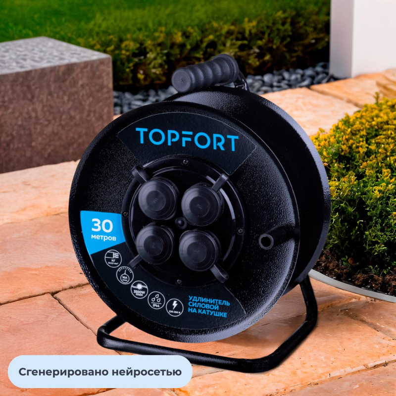 Удлинитель Topfort метал. КГ 3x2,5 кв.мм 30м 16А 4 гнезда с/з.,с/загл.,IP44 - фото 5