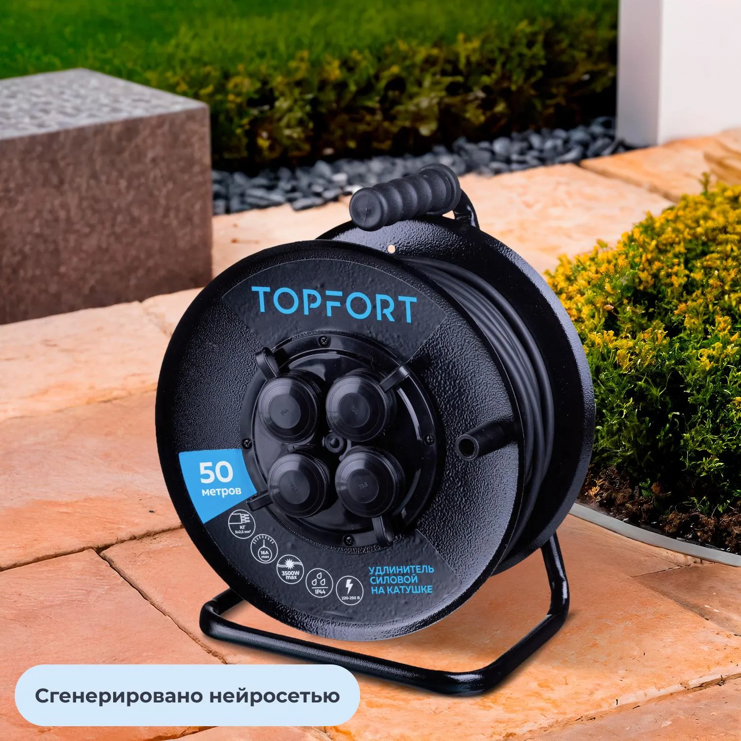 Удлинитель Topfort метал. КГ 3x2,5 кв.мм 50м 16А 4 гнезда с/з.,с/загл.,IP44 - фото 5