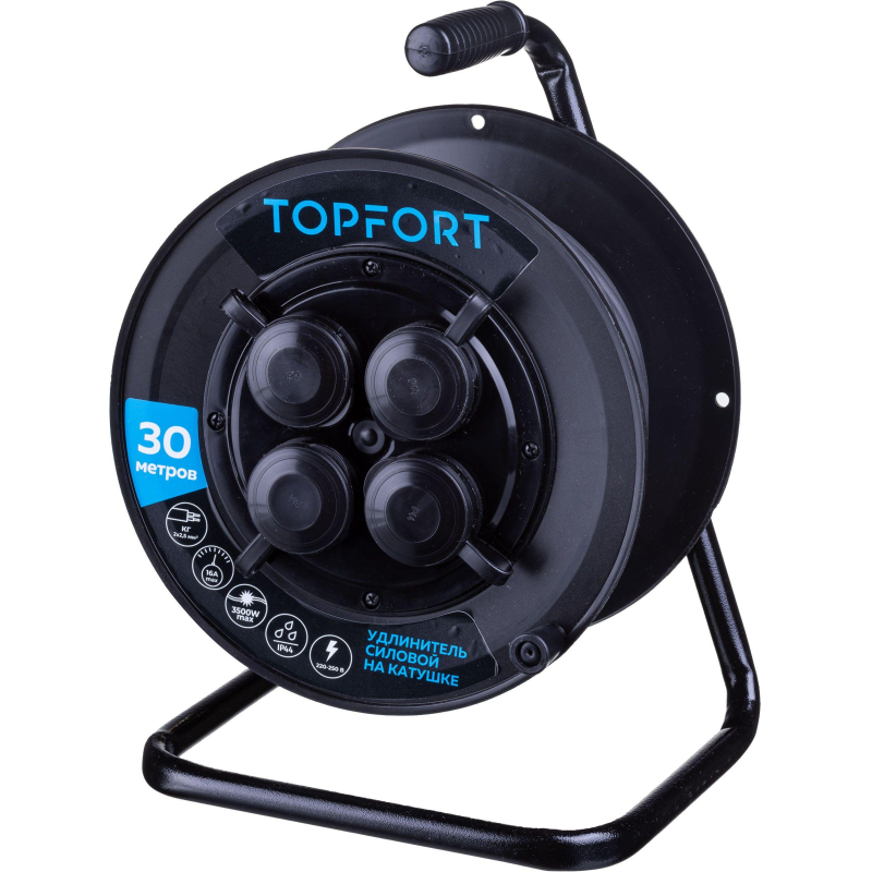 Удлинитель Topfort пласт. КГ 2x2,5 кв.мм 30м 16А 4 гнезда б/з.,с/загл.,IP44 - фото 1