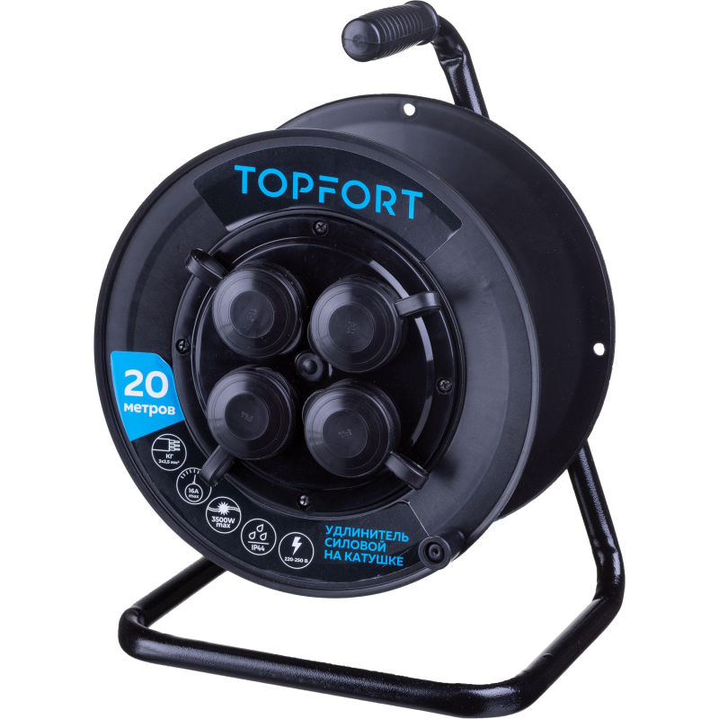 Удлинитель Topfort пласт. КГ 3x2,5 кв.мм 20м 16А 4 гнезда с/з.,с/загл.,IP44 - фото 1