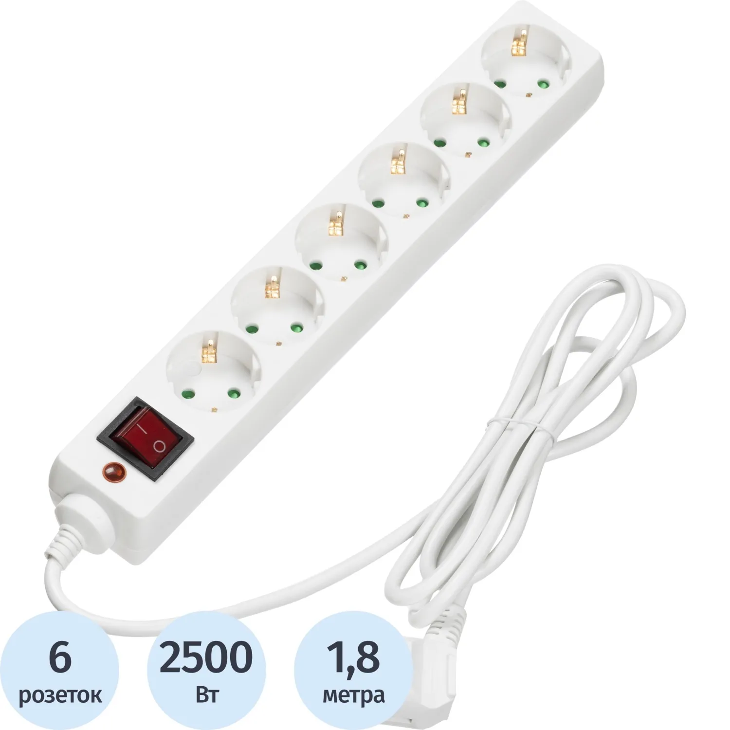 Сетевой фильтр BigTech CD6-1,8W1 (6р/1,8м/10А/2500Вт 1мм 2500Вт) - фото 1
