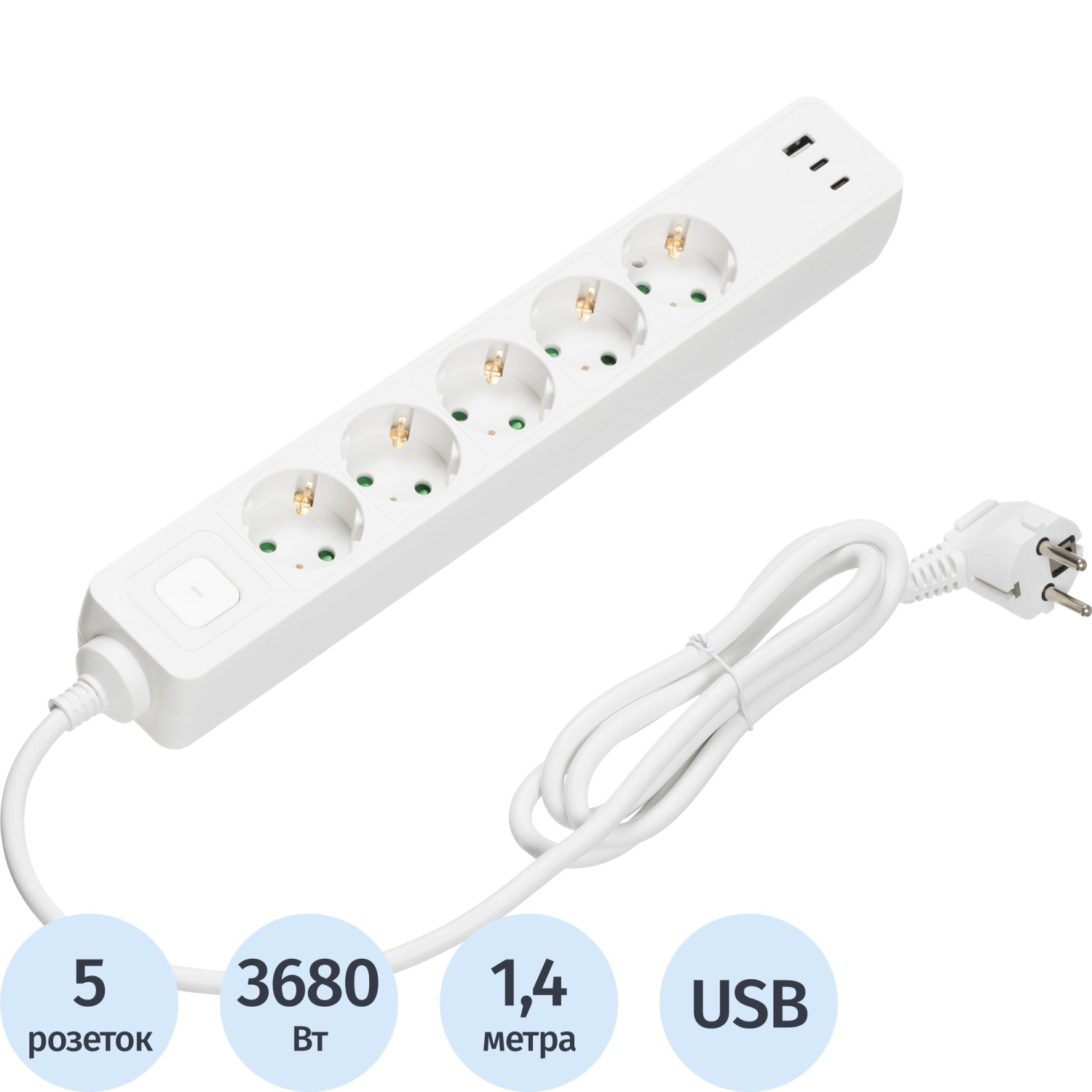 Сетевой фильтр BigTech CD5-1,4WU (5р/1,4м/USB-C/USB-A/16А/3680Вт белый) - фото 1