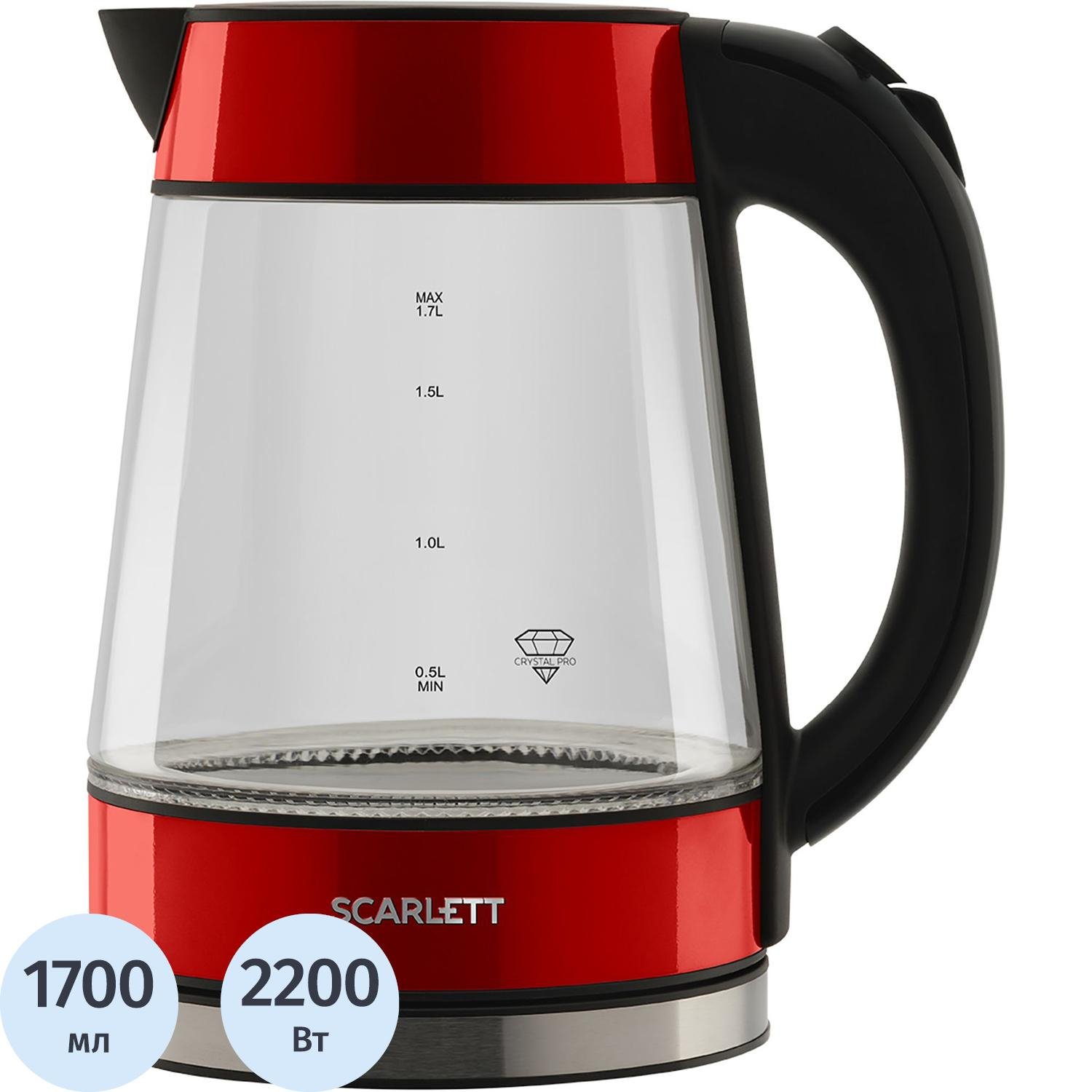 Чайник электрический SCARLETT SC-EK27G79, стекло, 2200Вт, 1.7л, красный - фото 1