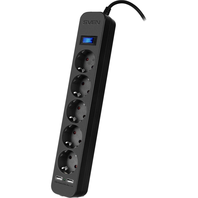 Сетевой фильтр SVEN SF-05LU 5.0 м (5м/5р,2xUSB(2.4А)) черный(SV-018856) - фото 1