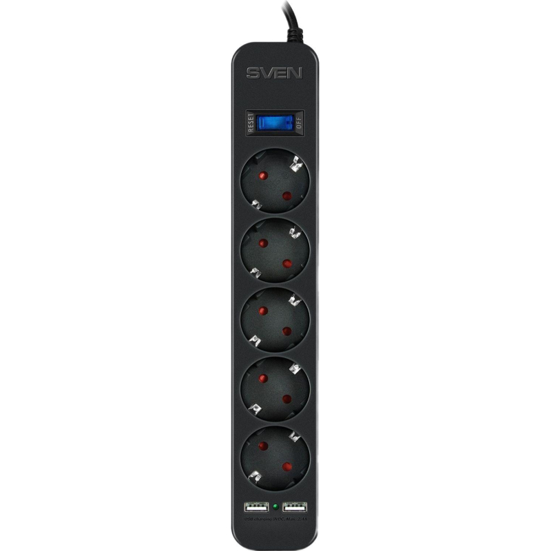 Сетевой фильтр SVEN SF-05LU 1,8 м (1,8м/5р,2xUSB(2.4А)) черный(SV-018832) - фото 2