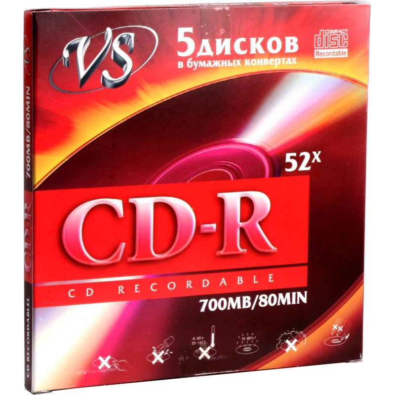 Носители информации CD-R 80 52x, VS, конверт/5шт/уп - фото 1