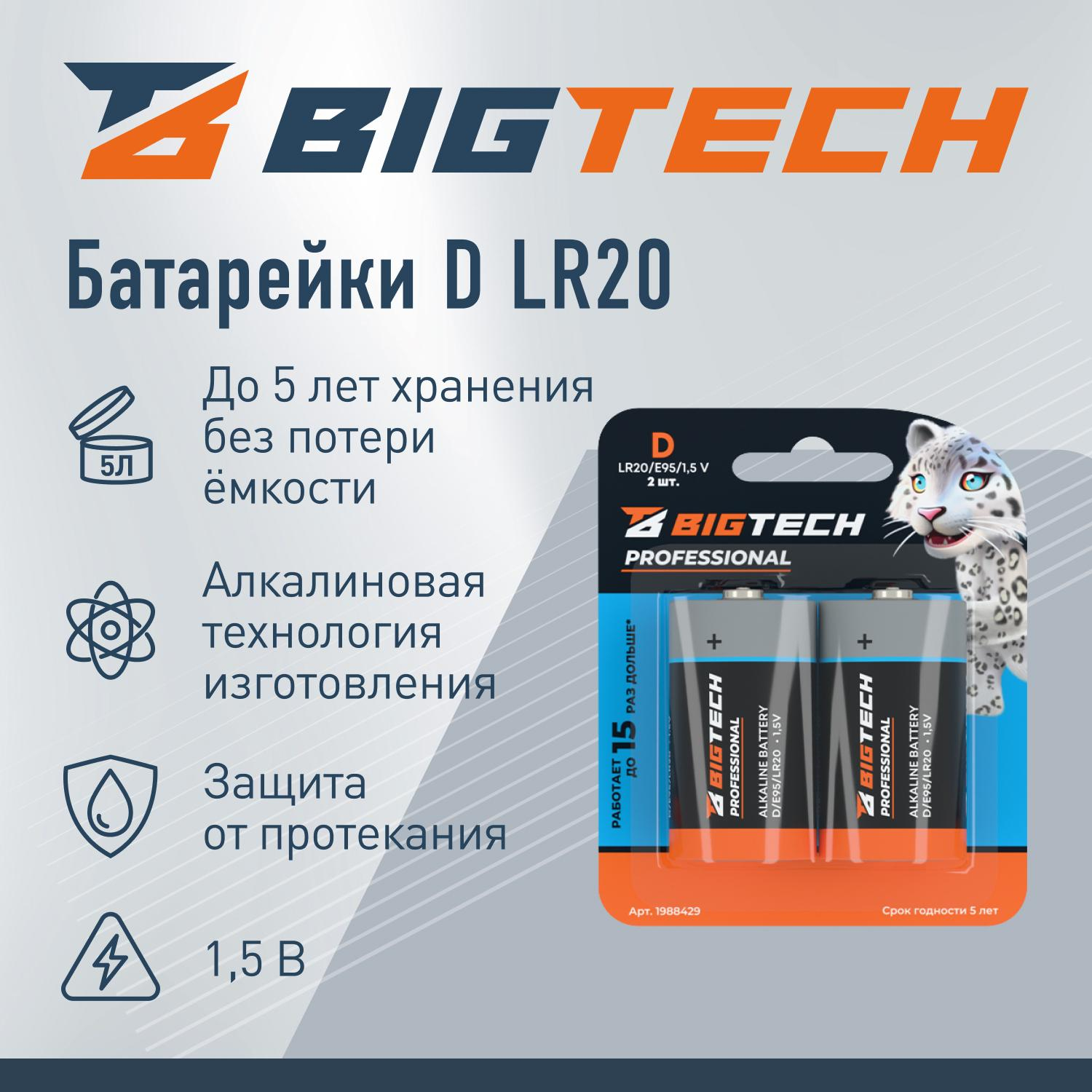 Батарейка BigTech Professional D/E95/LR20 бл/2шт - фото 2