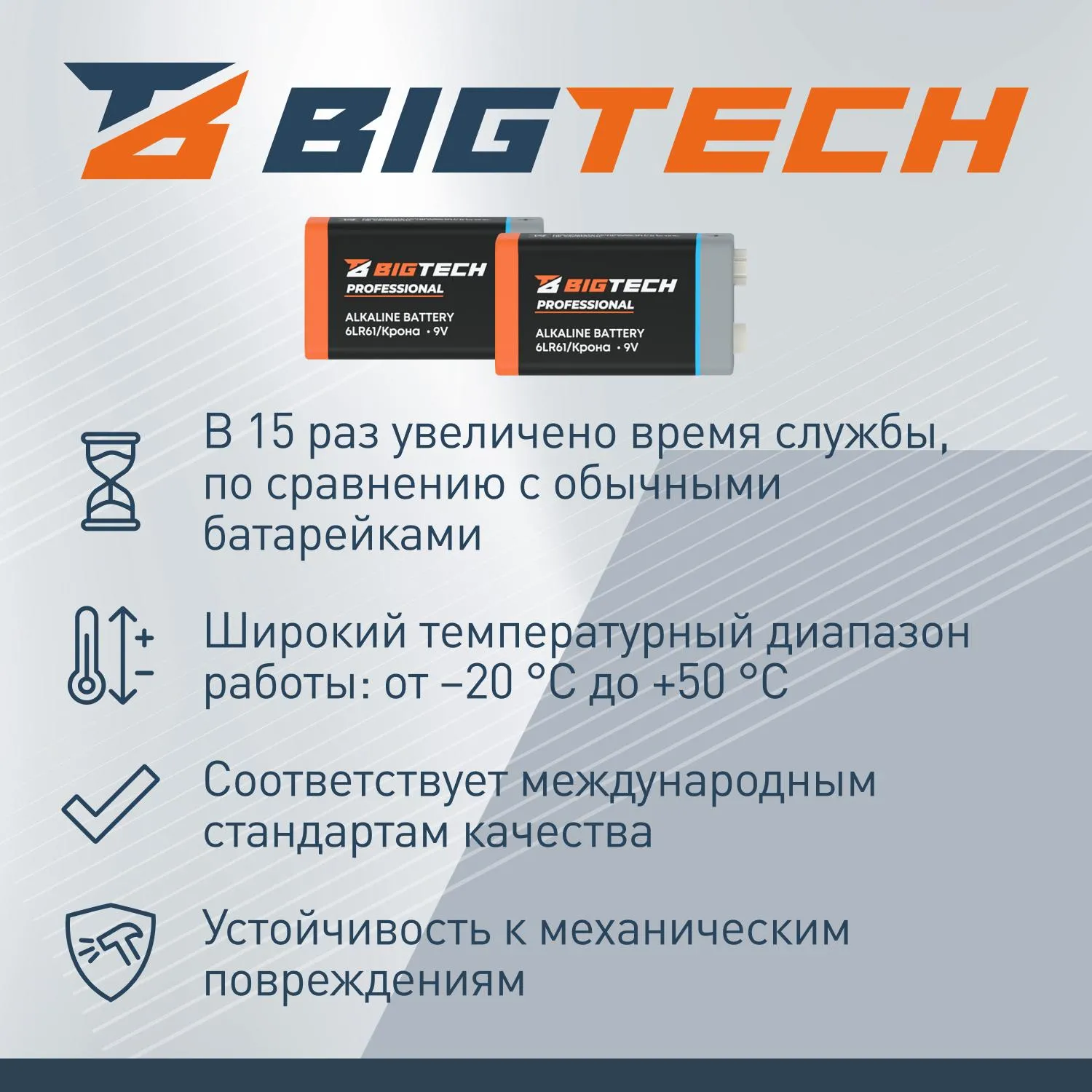 Батарейка BigTech Professional 6LR61/Крона 9V/1604A алкалин. бл/1шт - фото 3