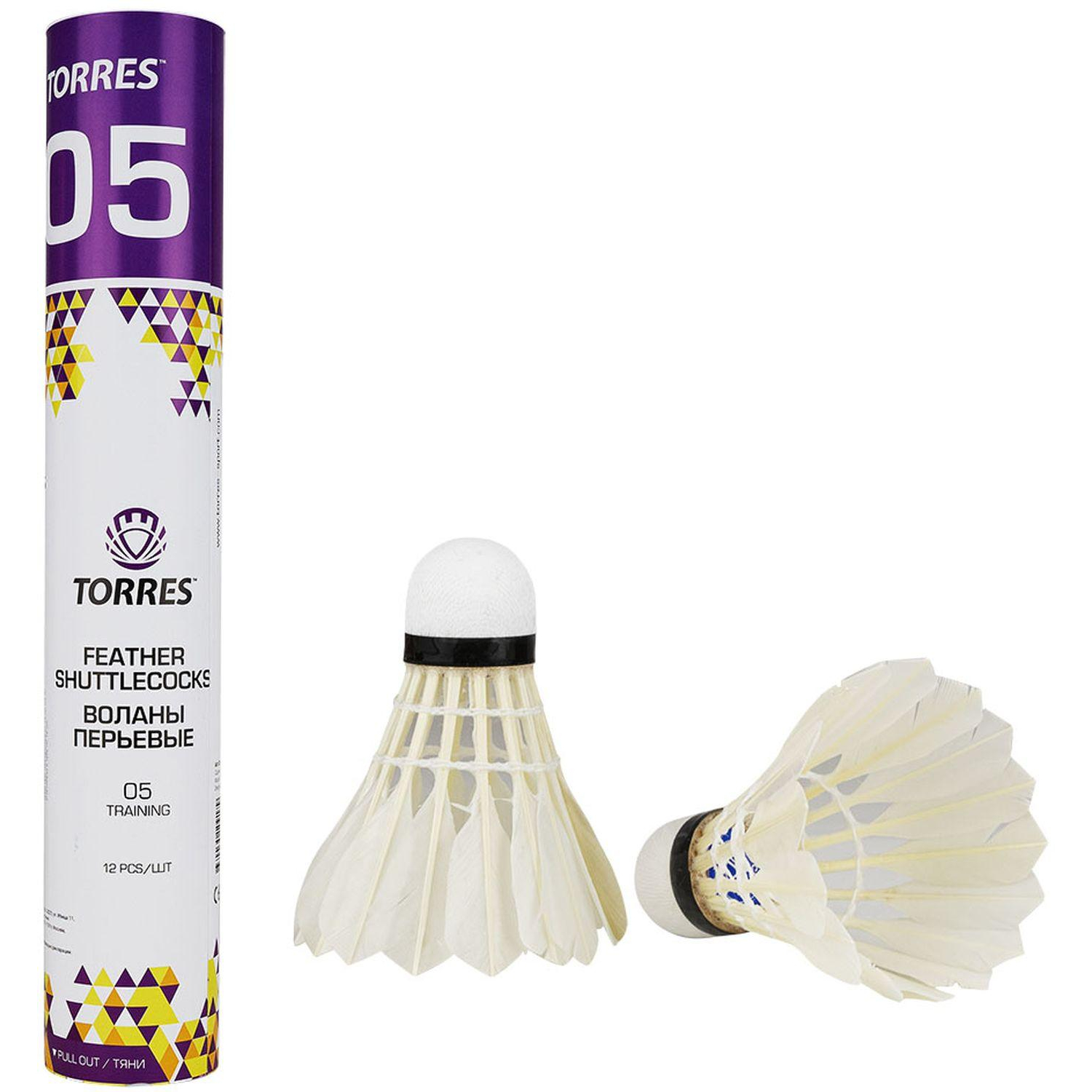 Воланы для бадминтона TORRES 05 (перо/пробка), BD20130, уп.12шт.бел - фото 1