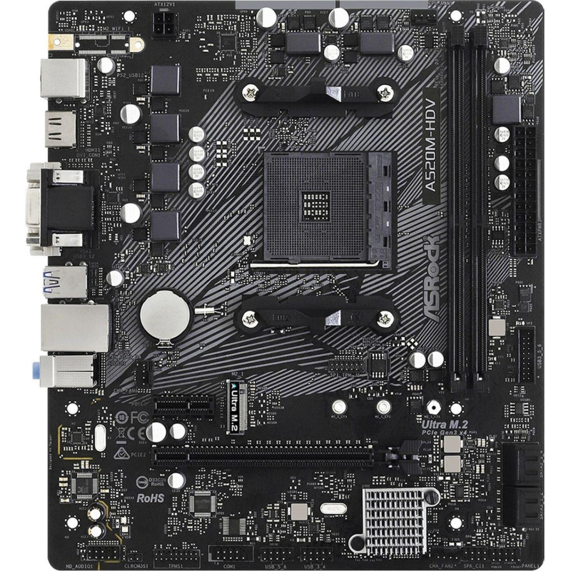 Материнская плата ASROCK A520M-HDV, AM4, A520, 2xDDR4, D-Sub+DVI-D+HDMI - фото 2