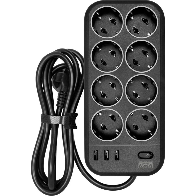 Сетевой фильтр Powercom SP-08 USB03AB 1,8 m (8 розеток) черный - фото 1