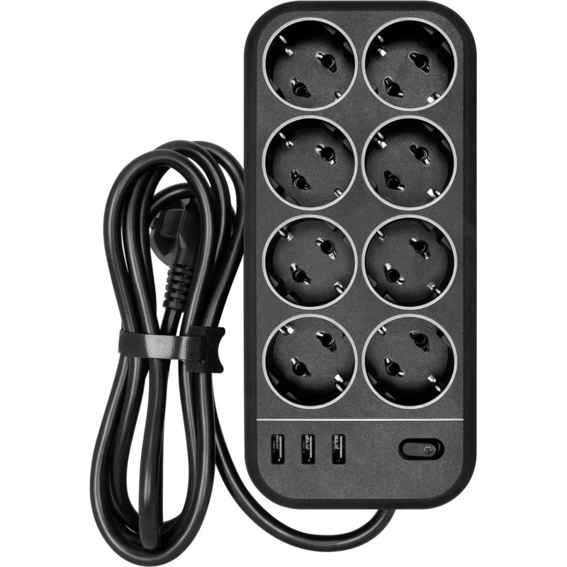 Сетевой фильтр Powercom SP-08 USB03AB 3,0 m (8 розеток) черный - фото 1