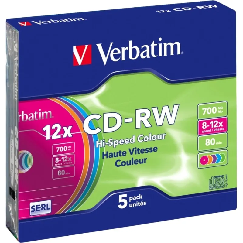 Носители информации CD-RW Verbatim 700Mb 12x Slim case (5шт/уп) (43167) - фото 1