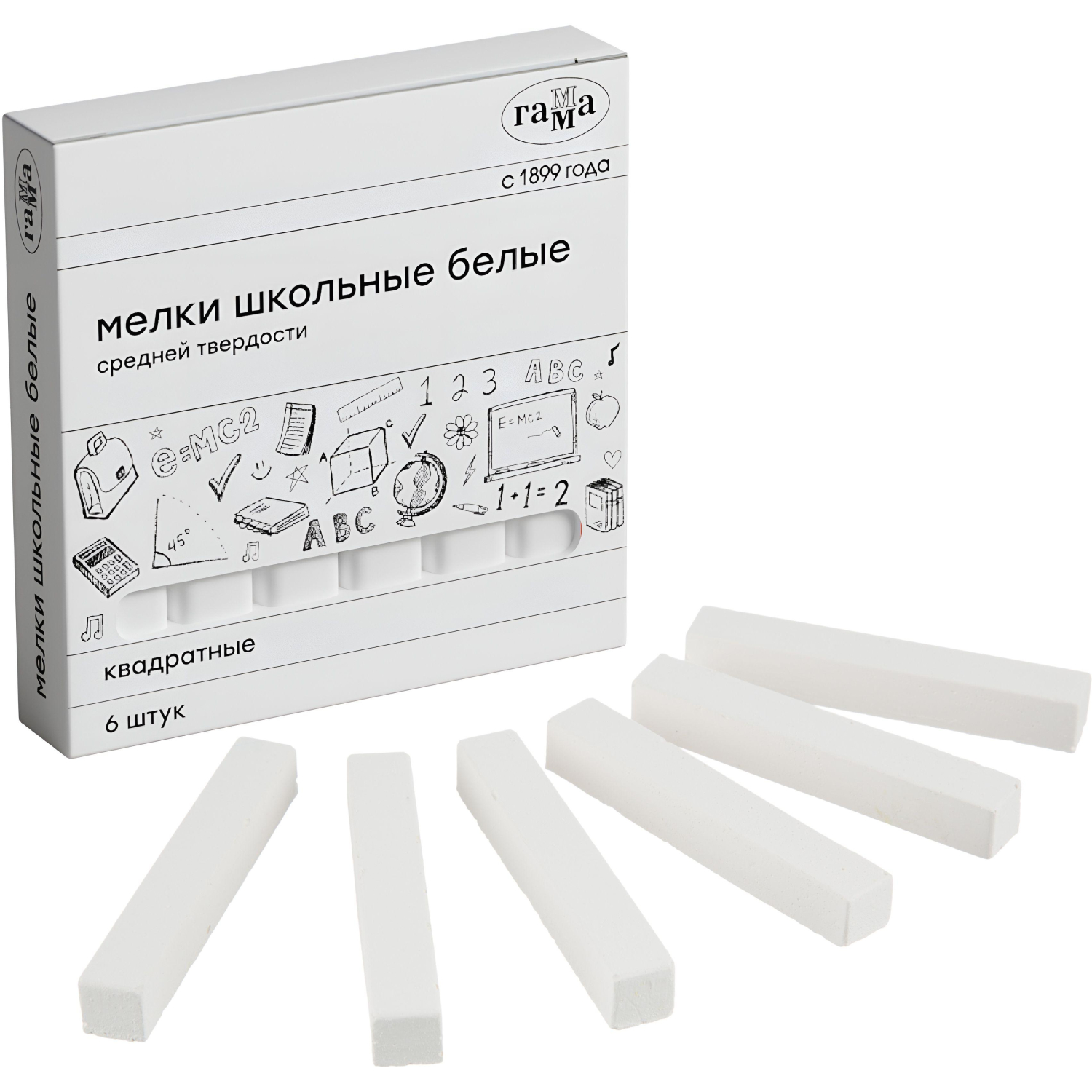 Мел школьный Гамма,бел, наб.6шт.,средн тверд,квадратн, картон кор,280120214 - фото 3