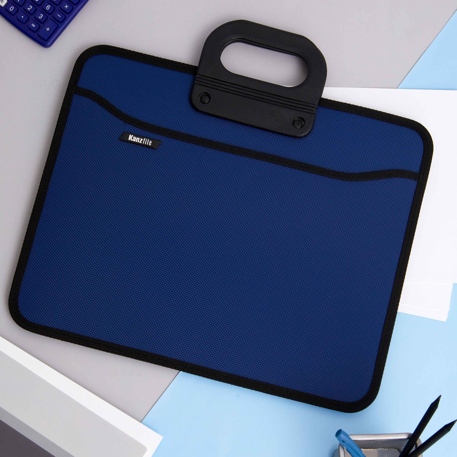 Папка-портфель пласт на 4 отд А4+ 390x320, усилен. ручка, т. син - фото 7