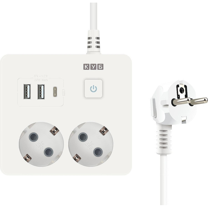 Удлинитель Power Cube, 2р/1.9м выкл.,3USB, 3.5кВт, 16А,3x1,0 белый(PC-1-2M) - фото 3