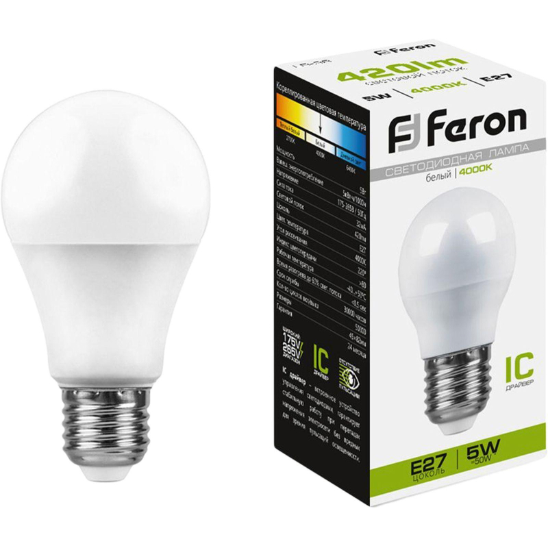 Лампа светодиодная Feron LB-38 Шарик E27 5W 175-265V 4000K(25405) - фото 1