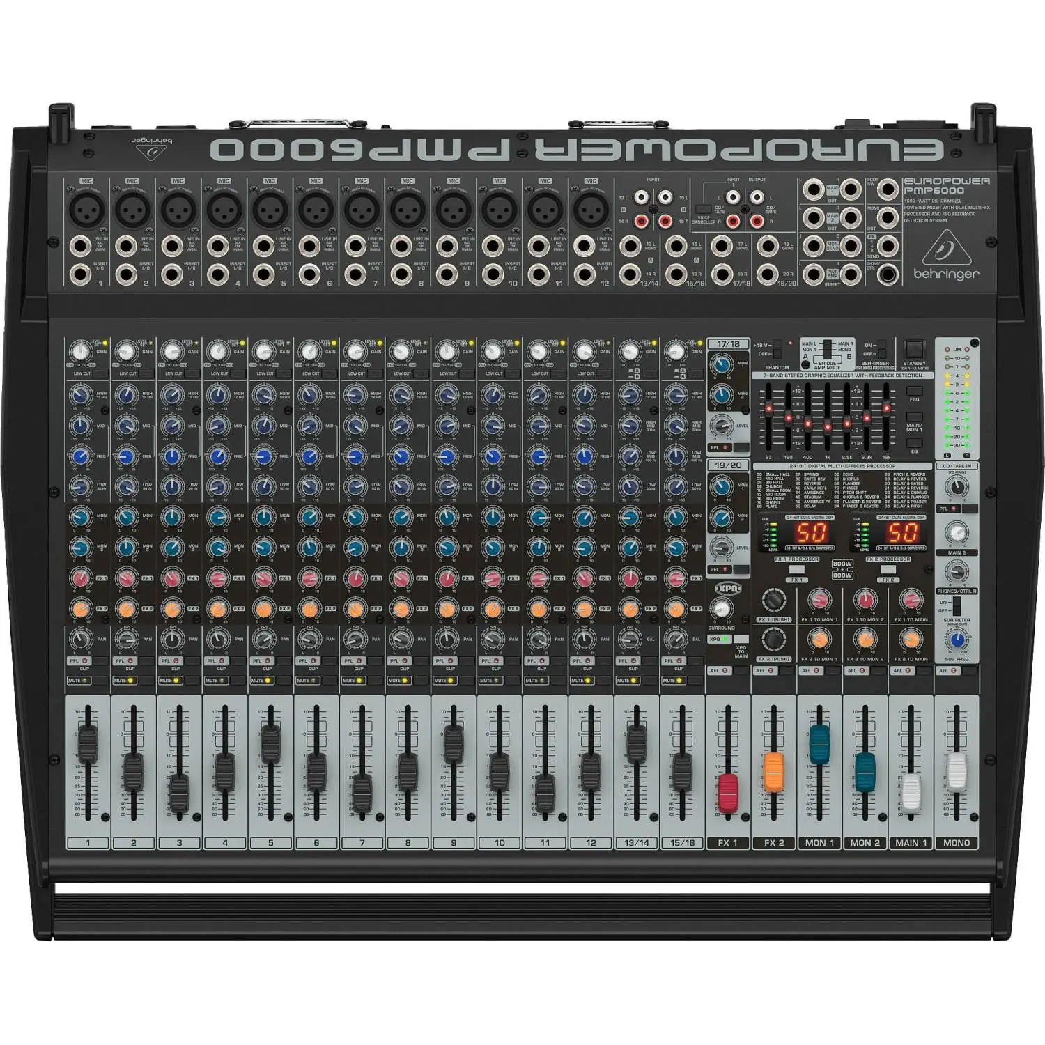 Микшер-усилитель Behringer PMP6000, 12 моновх., 4 стереовх, 2 х 600Вт/ 4Ом - фото 1