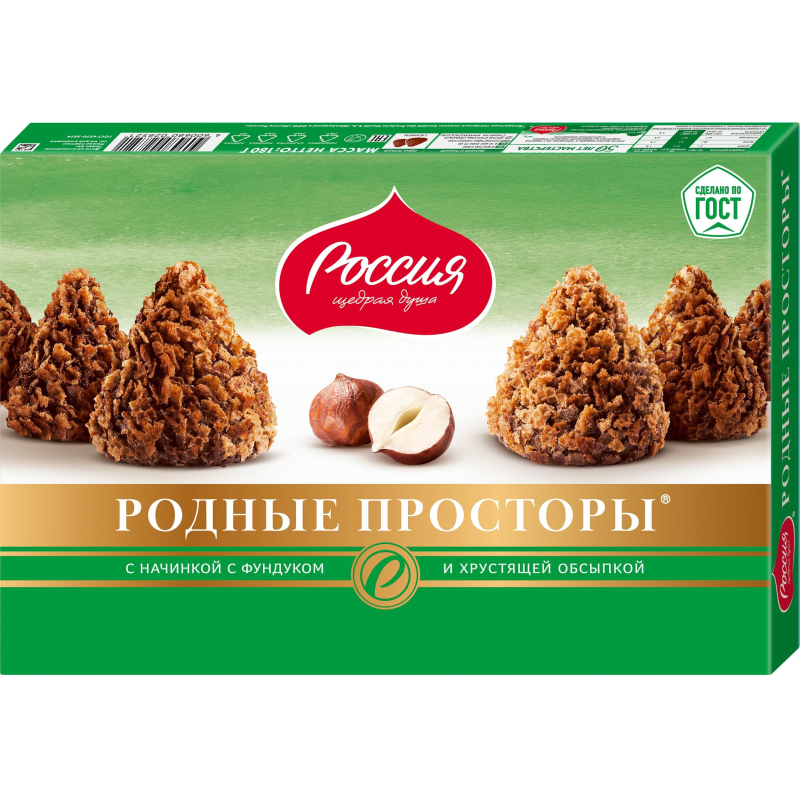 Конфеты Родные Просторы шоколадные фундук и вафельная крошка с какао, 180г - фото 1