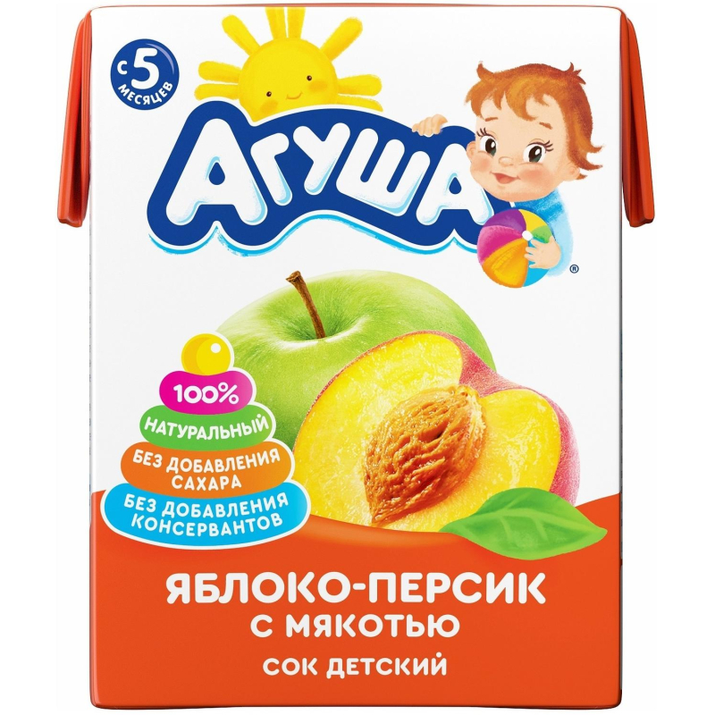 Сок Агуша с мякотью Яблоко Персик, 0,2л - фото 1