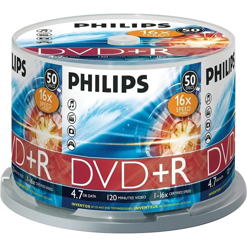 Носители информации DVD+R Philips (DR4S6B50F/97)4.7 Gb,16x,Cake Box 50шт/уп - фото 1