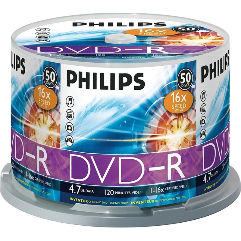 Носители информации DVD-R Philips (DM4S6B50F/97)4.7 Gb,16x,Cake Box 50шт/уп - фото 1