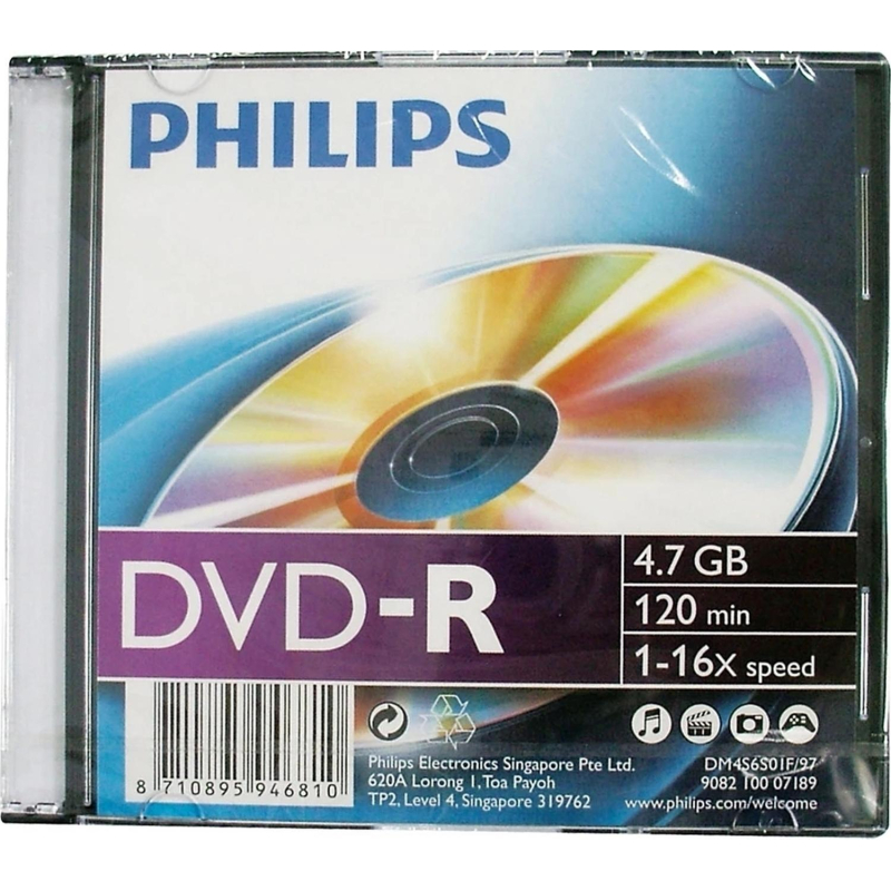 Носители информации DVD-R Philips (DM4S6S01F/97)4.7 Gb, 16x, Slim Case 1шт - фото 1