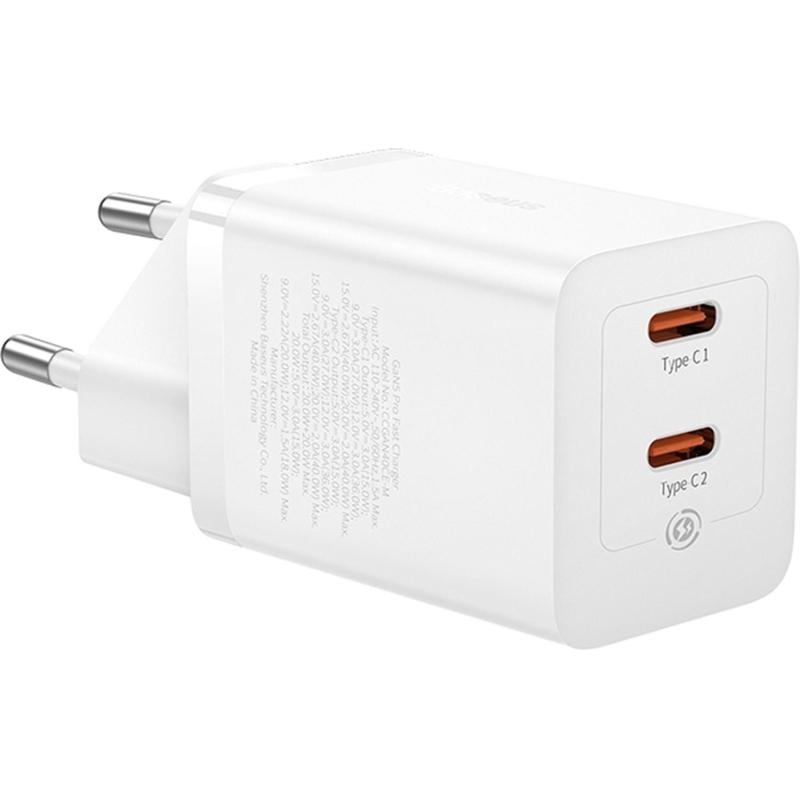 Зарядное устройство сетевое Baseus GaN5 Pro USB-C+C 40W белый - фото 1