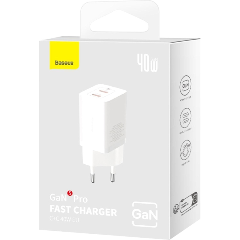 Зарядное устройство сетевое Baseus GaN5 Pro USB-C+C 40W белый - фото 6