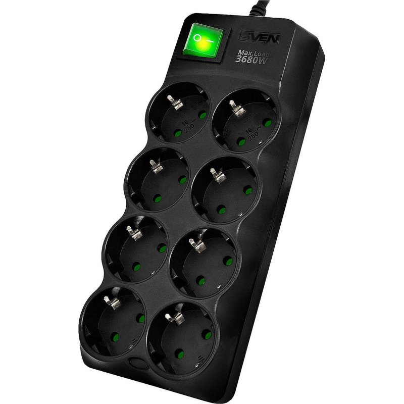 Сетевой фильтр SVEN SF-08E-16 1,8 м 8 розеток, 16А черный - фото 1