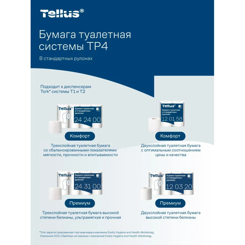 Бумага туалетная Tork/Tellus T4 3сл бел перф Премиум 15м94л 8рул/уп 243100 - фото 9