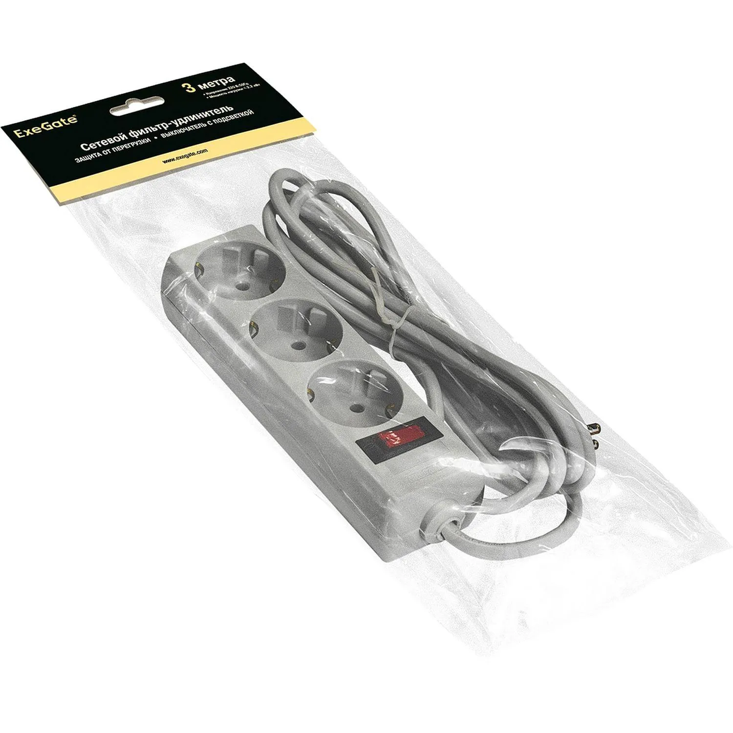 Сетевой фильтр ExeGate SP-3-3G 3р/3м, 10А/2,2кВт,серый(EX221180RUS) - фото 2