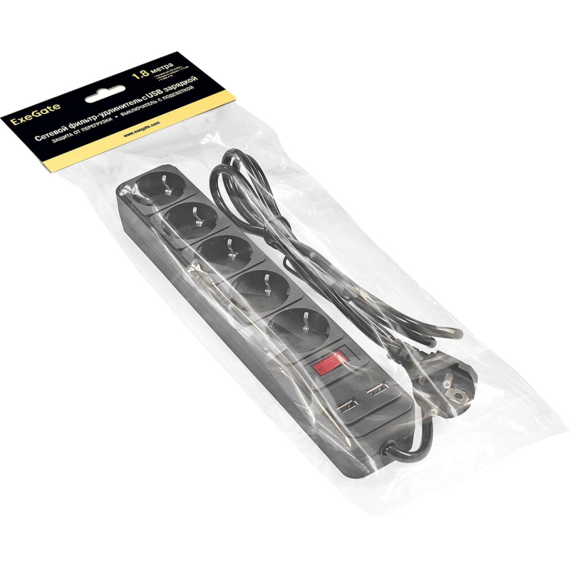 Сетевой фильтр ExeGate SP-5-USB-1.8B 5р/1,8м, 2 USB,черный(EX295490RUS) - фото 2