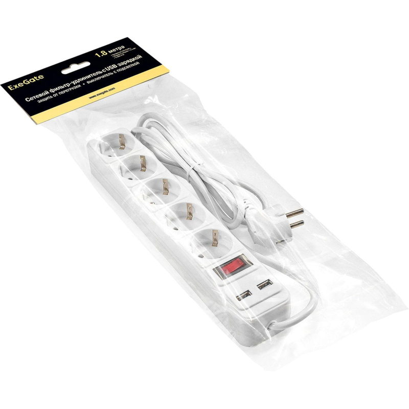 Сетевой фильтр ExeGate SP-5-USB-1.8W 5р/1,8м, 2 USB, белый(EX295491RUS) - фото 2