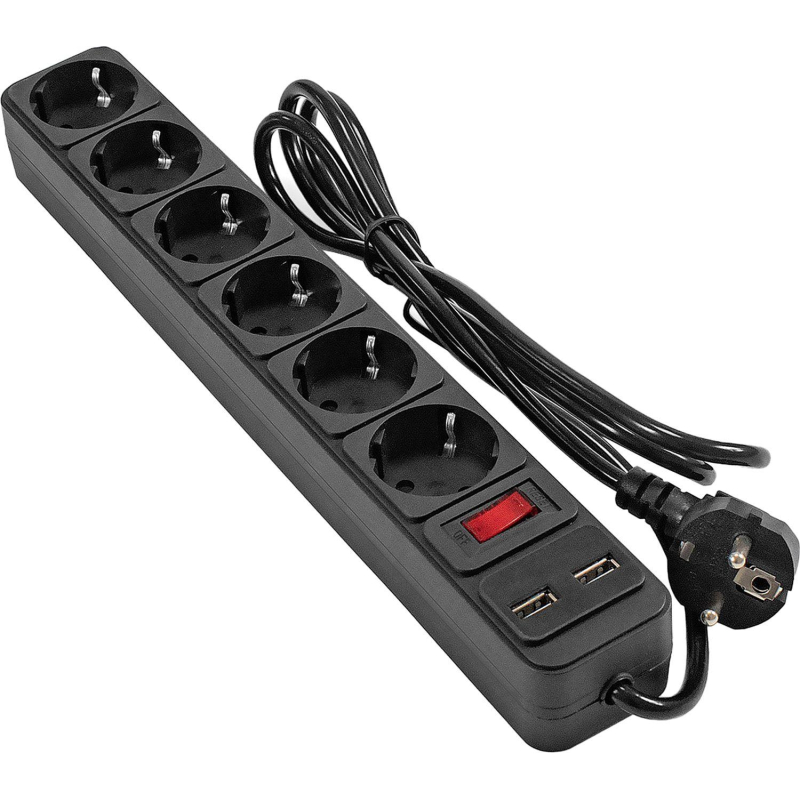 Сетевой фильтр ExeGate SP-6-USB-1.8B 6р/1,8м, 2 USB, черный(EX295492RUS) - фото 1